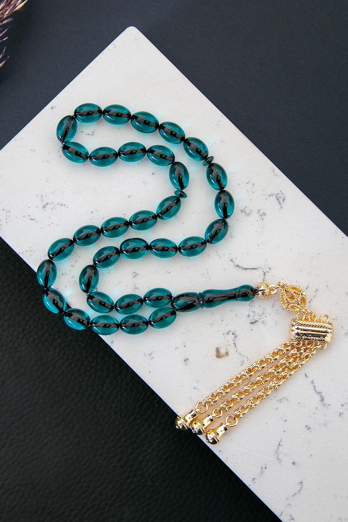 Özel Gold Püsküllü Su Yeşili Ateş Kehribar Tesbih