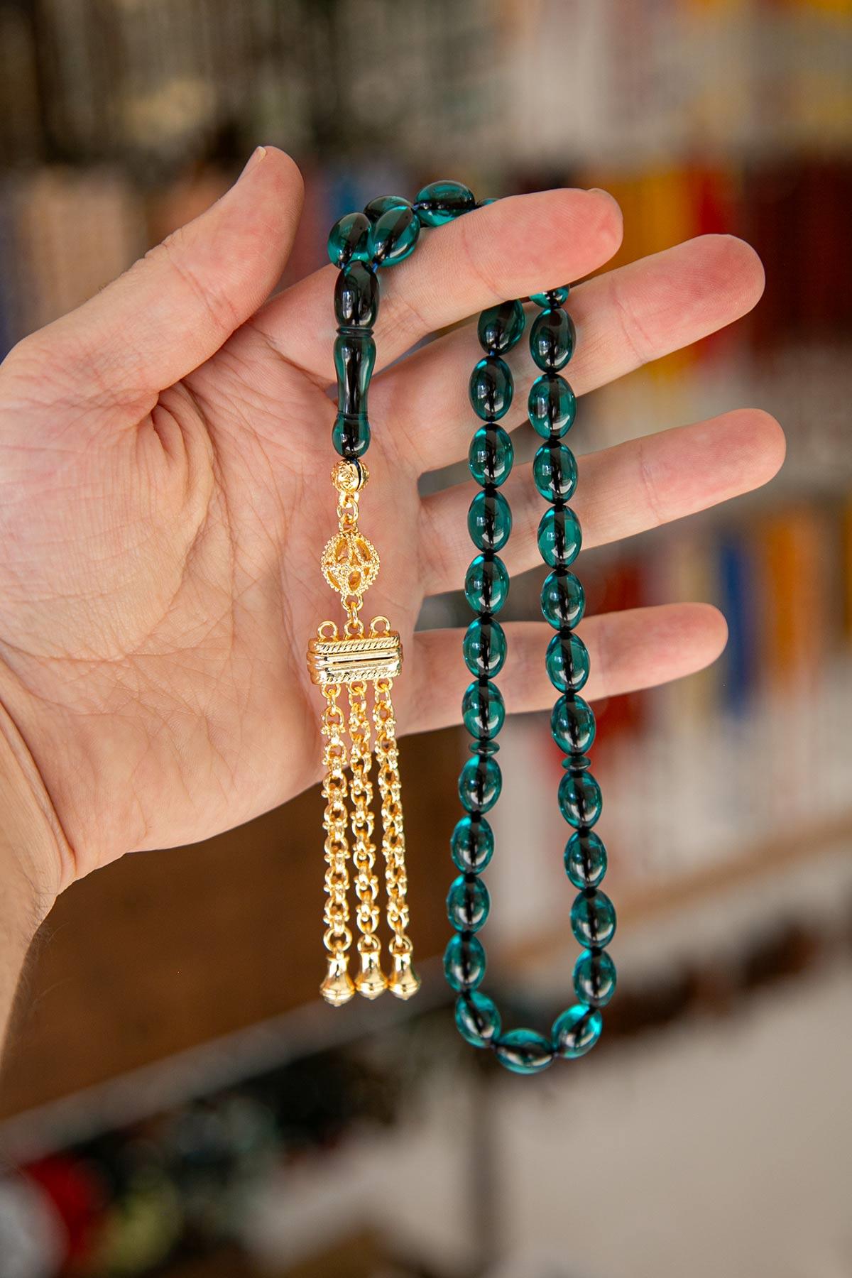 Özel Gold Püsküllü Su Yeşili Ateş Kehribar Tesbih