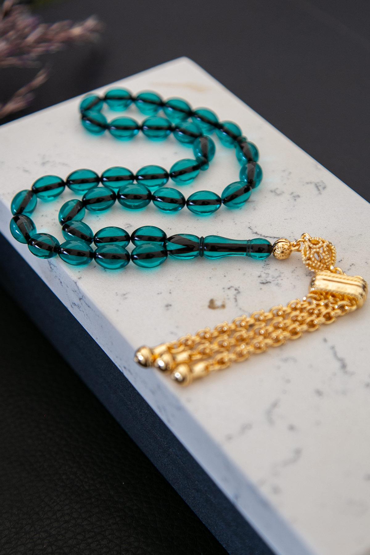 Özel Gold Püsküllü Su Yeşili Ateş Kehribar Tesbih