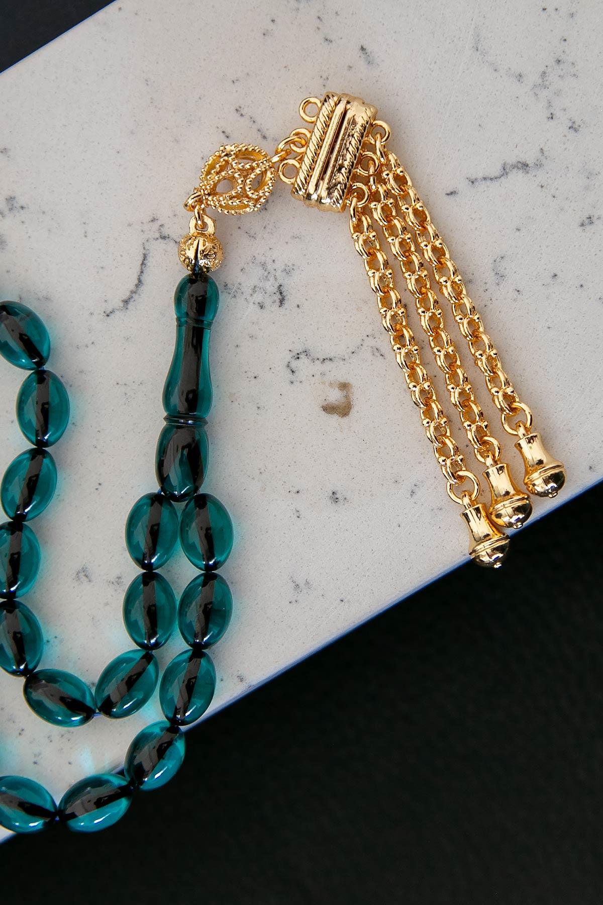 Özel Gold Püsküllü Su Yeşili Ateş Kehribar Tesbih