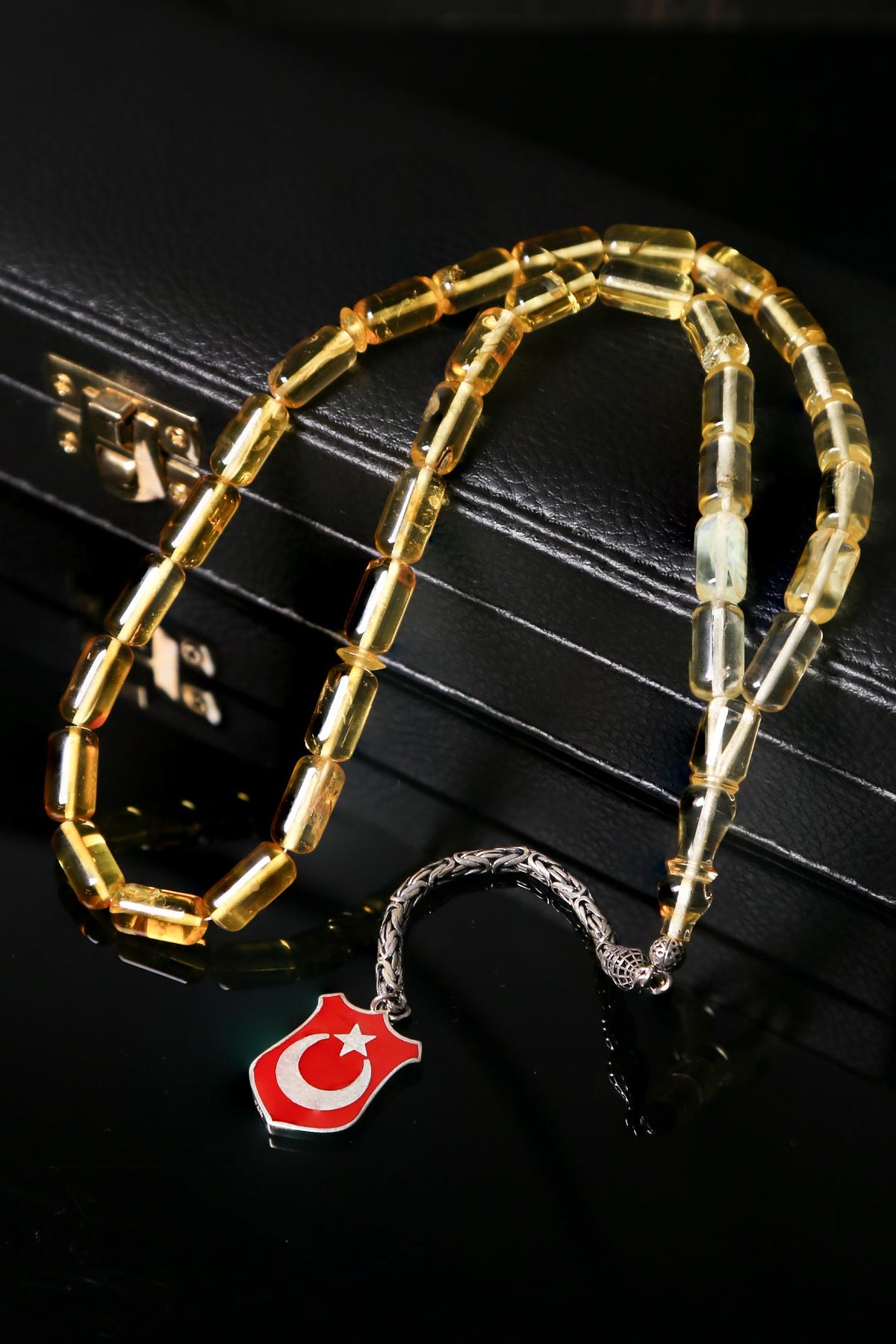 Gümüş Türk Bayraklı İri Tane Damla Kehribar Tesbih