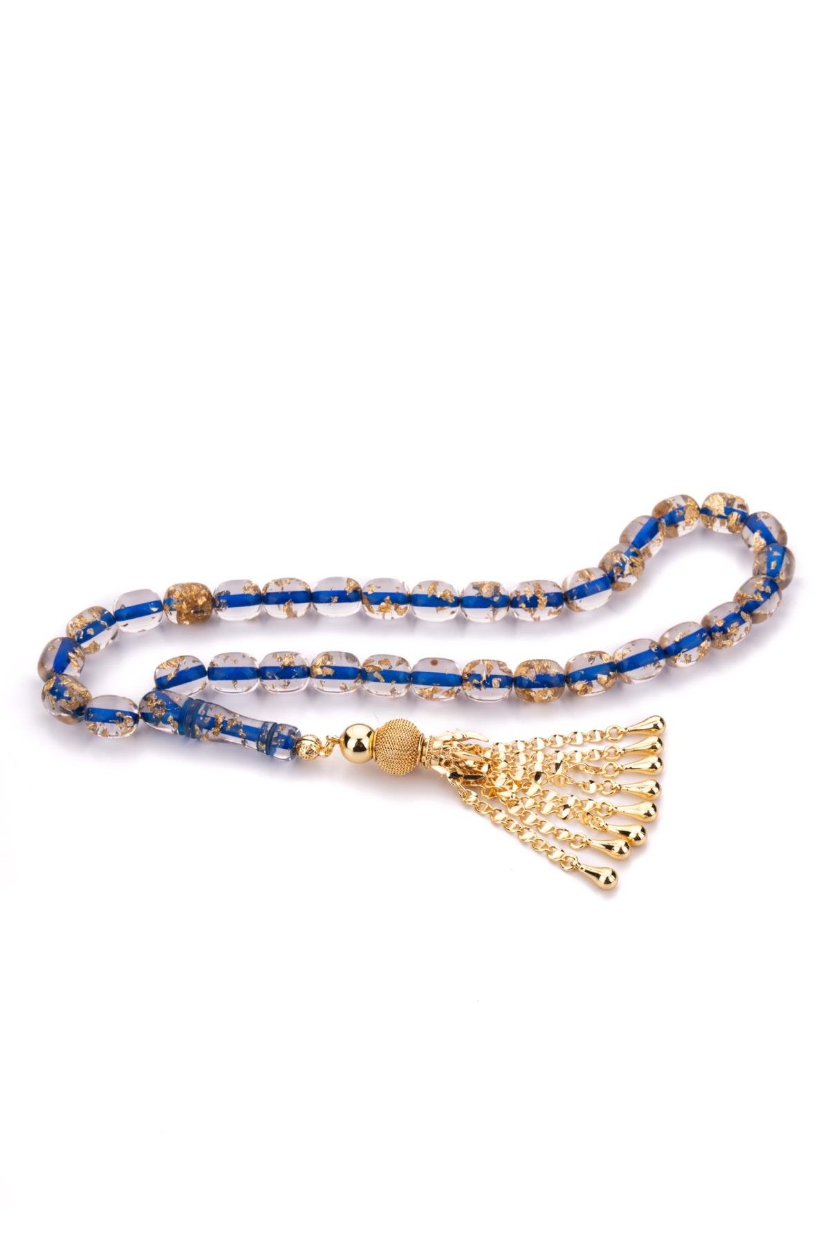 Özel Püskül Tasarımlı Mavi Altın Varaklı Toz Kehribar Tesbih