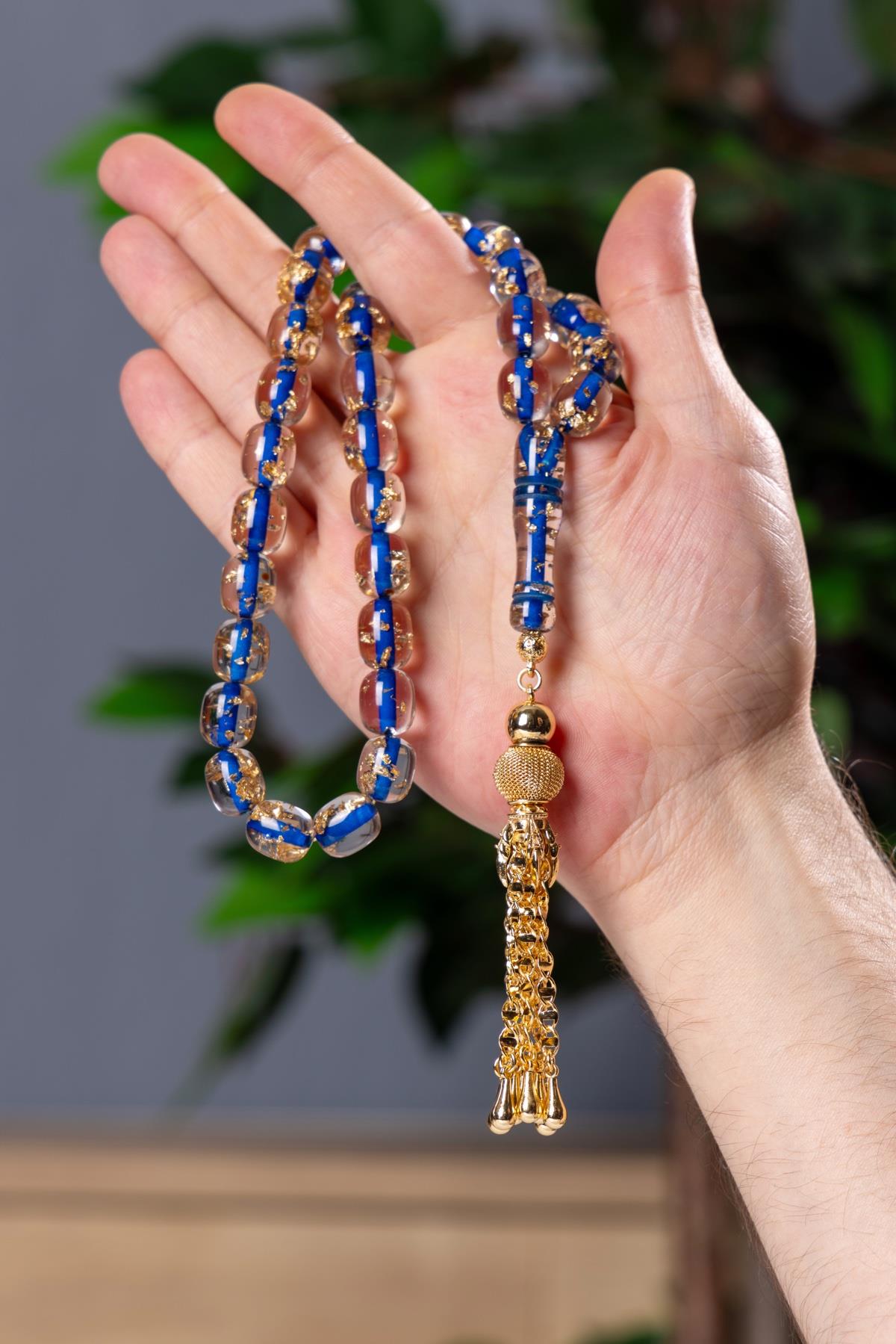 Özel Püskül Tasarımlı Mavi Altın Varaklı Toz Kehribar Tesbih