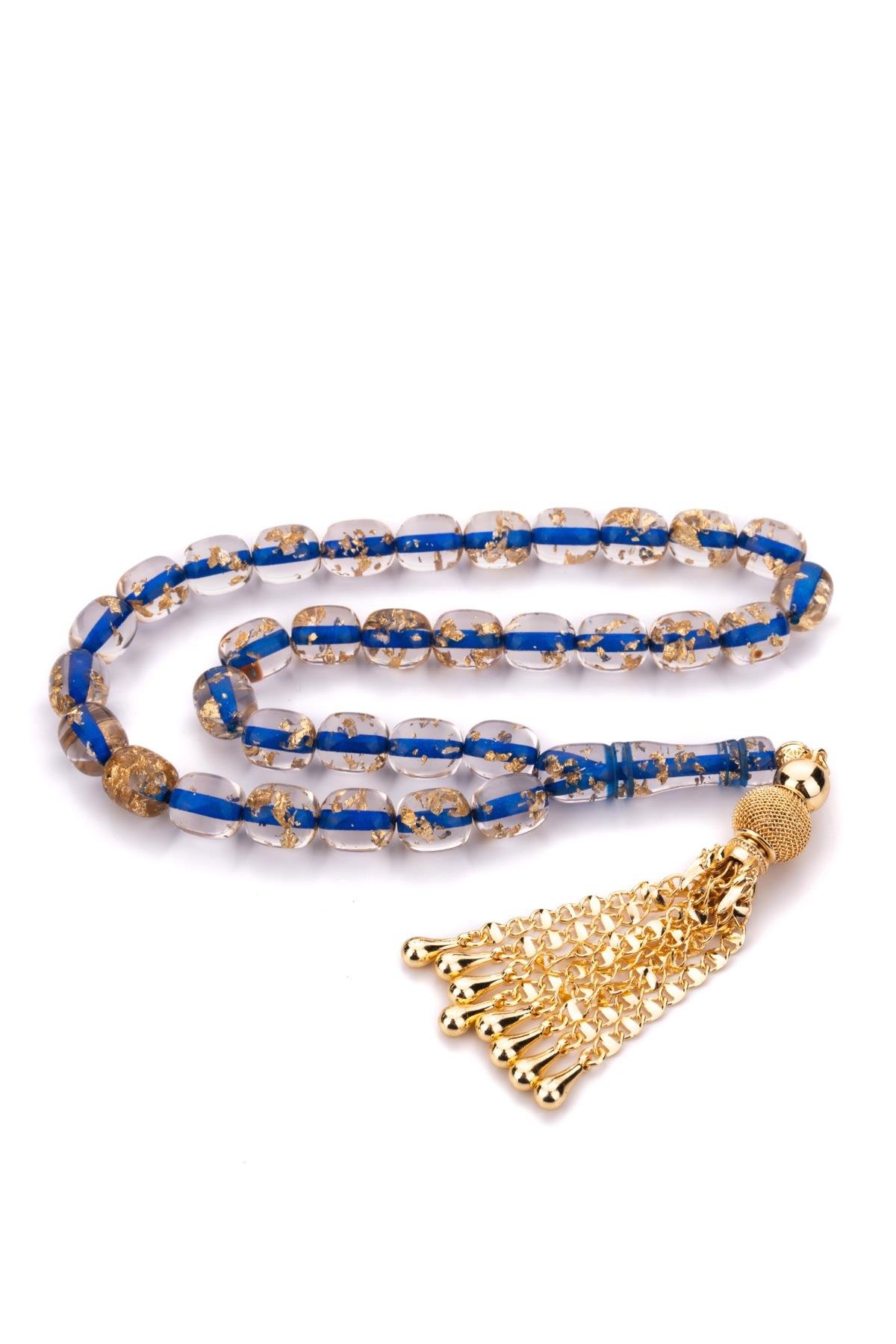 Özel Püskül Tasarımlı Mavi Altın Varaklı Toz Kehribar Tesbih