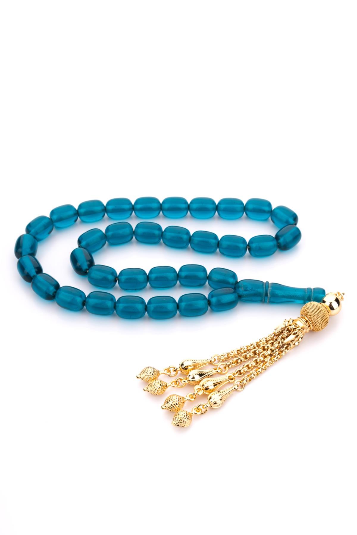 Özel Püsküllü İri Boy Su Mavisi Toz Kehribar Tesbih