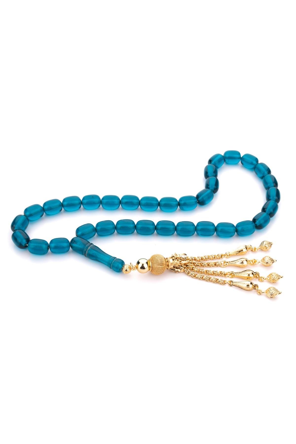 Özel Püsküllü İri Boy Su Mavisi Toz Kehribar Tesbih