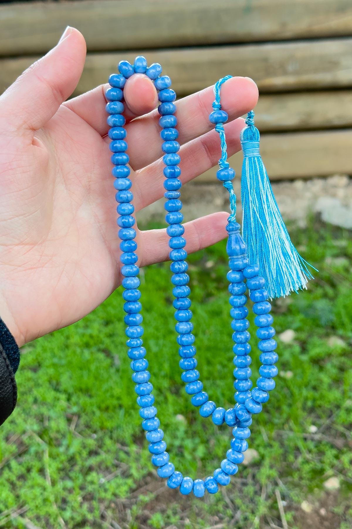 Özel Tasarım Mavi 99luk Sıkma Kehribar Tesbihimiz