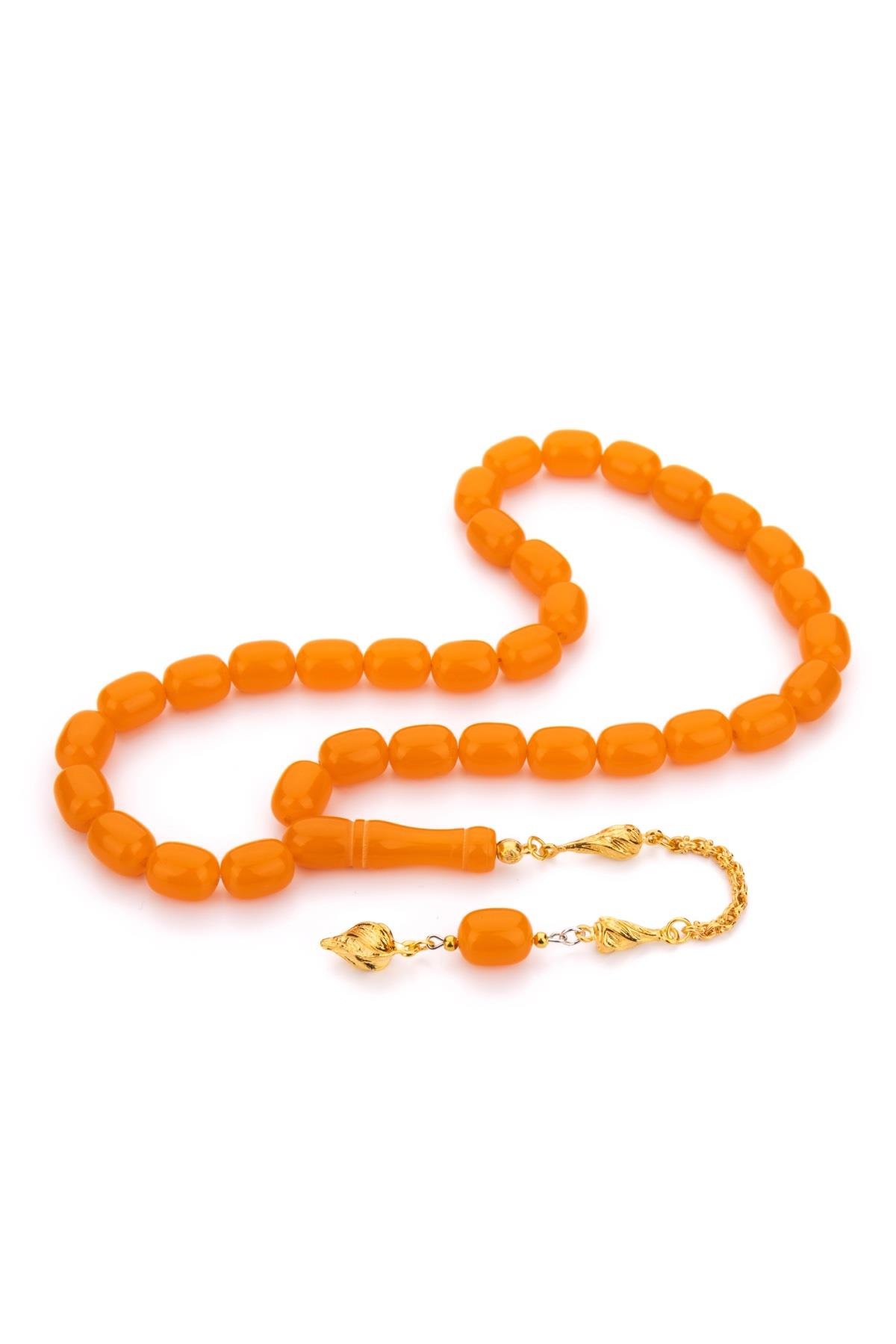 Sarı Püsküllü İri Boy Turuncu Toz Kehribar Tesbih