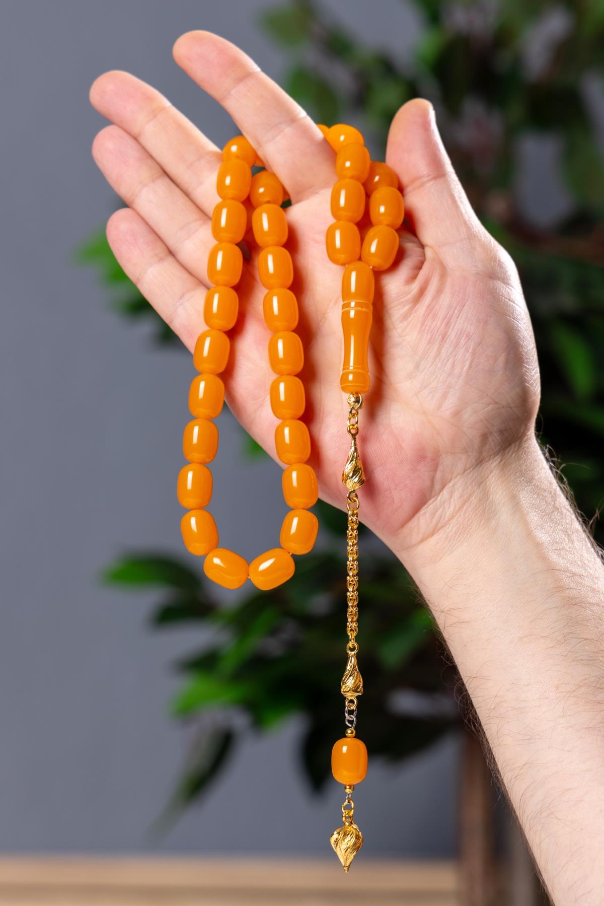 Sarı Püsküllü İri Boy Turuncu Toz Kehribar Tesbih