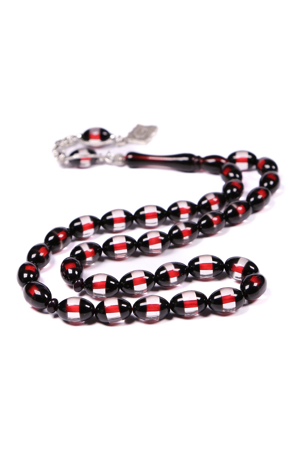 Siyah Kırmızı Sürmeli Toz Kehribar Tesbih 12x8 mm