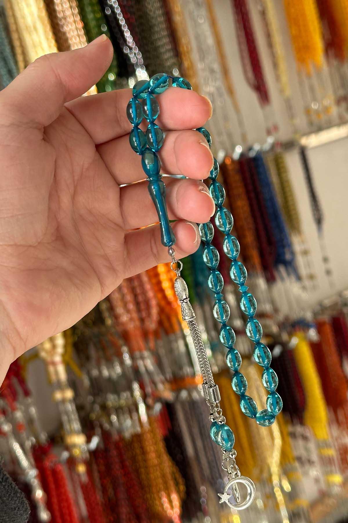 Su Mavisi Güzel Çekimli Toz Kehribar Tesbih