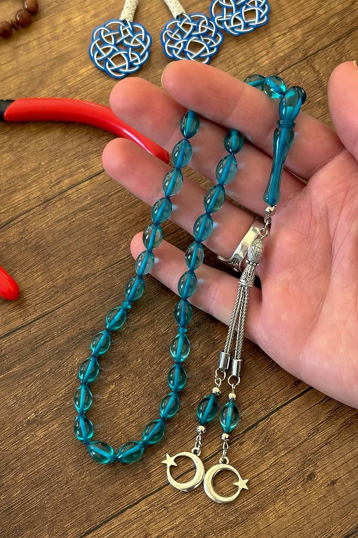 Su Mavisi Güzel Çekimli Toz Kehribar Tesbih