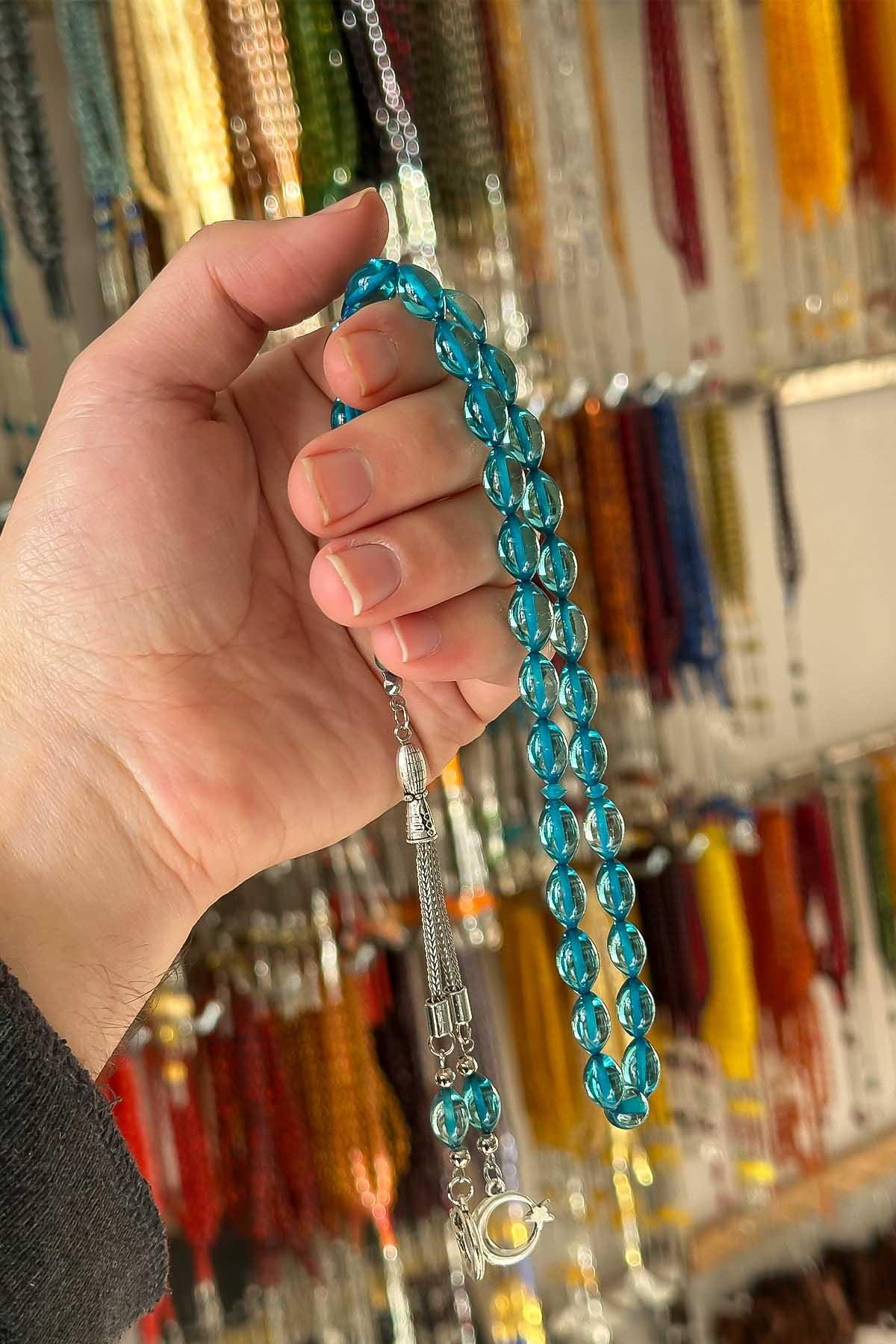 Su Mavisi Güzel Çekimli Toz Kehribar Tesbih