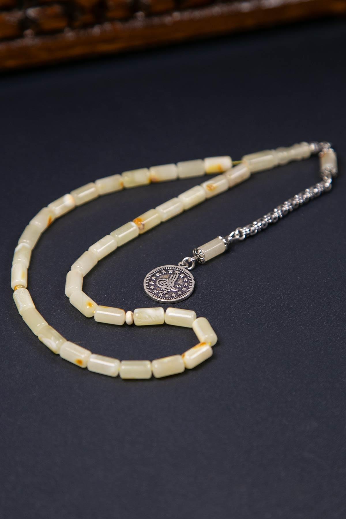 925 Ayar Gümüş Püskül Tuğra Tasarımıyla Kapsül Kaya Damla Kehribar Tesbih