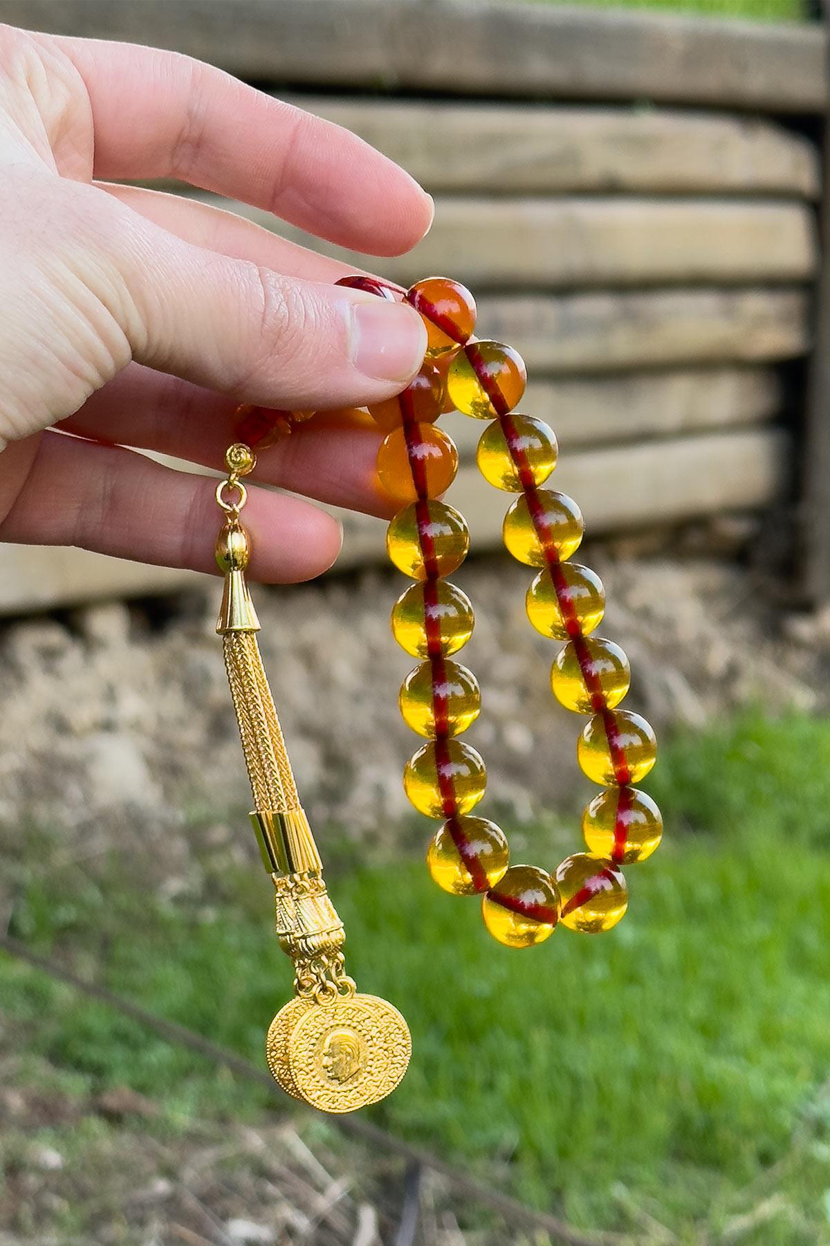 Turuncu Renk Gold Püsküllü 17lik Ateş Kehribar Tesbih
