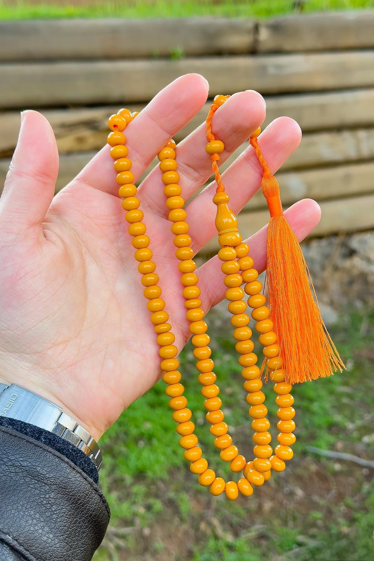 Turuncu Renk Özel Tasarım 99luk Sıkma Kehribar Tesbihimiz