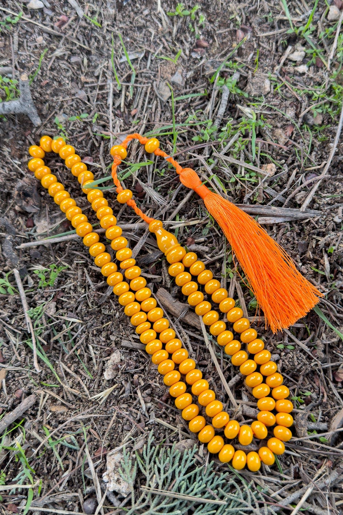 Turuncu Renk Özel Tasarım 99luk Sıkma Kehribar Tesbihimiz