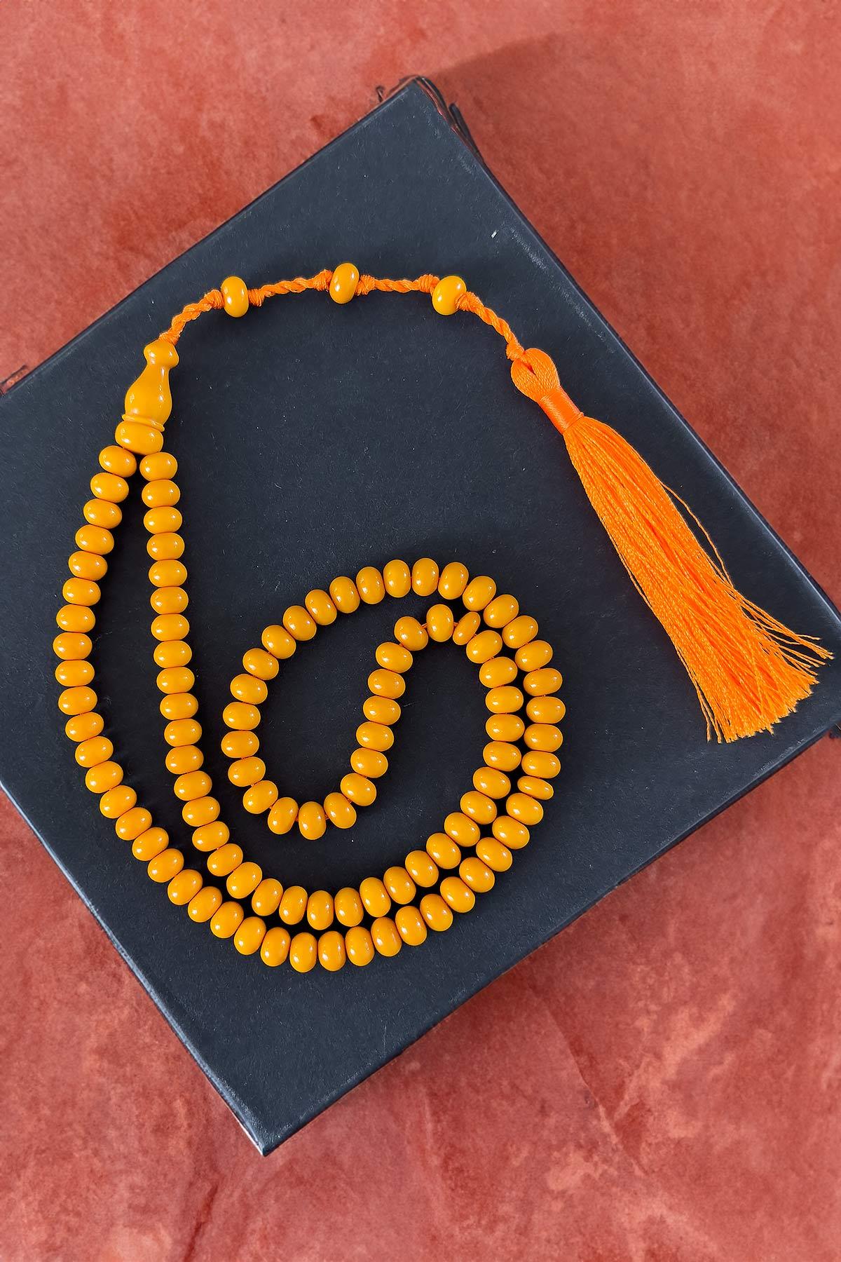 Turuncu Renk Özel Tasarım 99luk Sıkma Kehribar Tesbihimiz