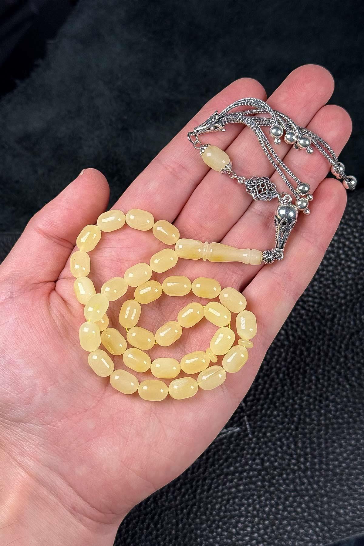 Usta İşçilik Gümüş Püsküllü Kaya Damla Kehribar Tesbih