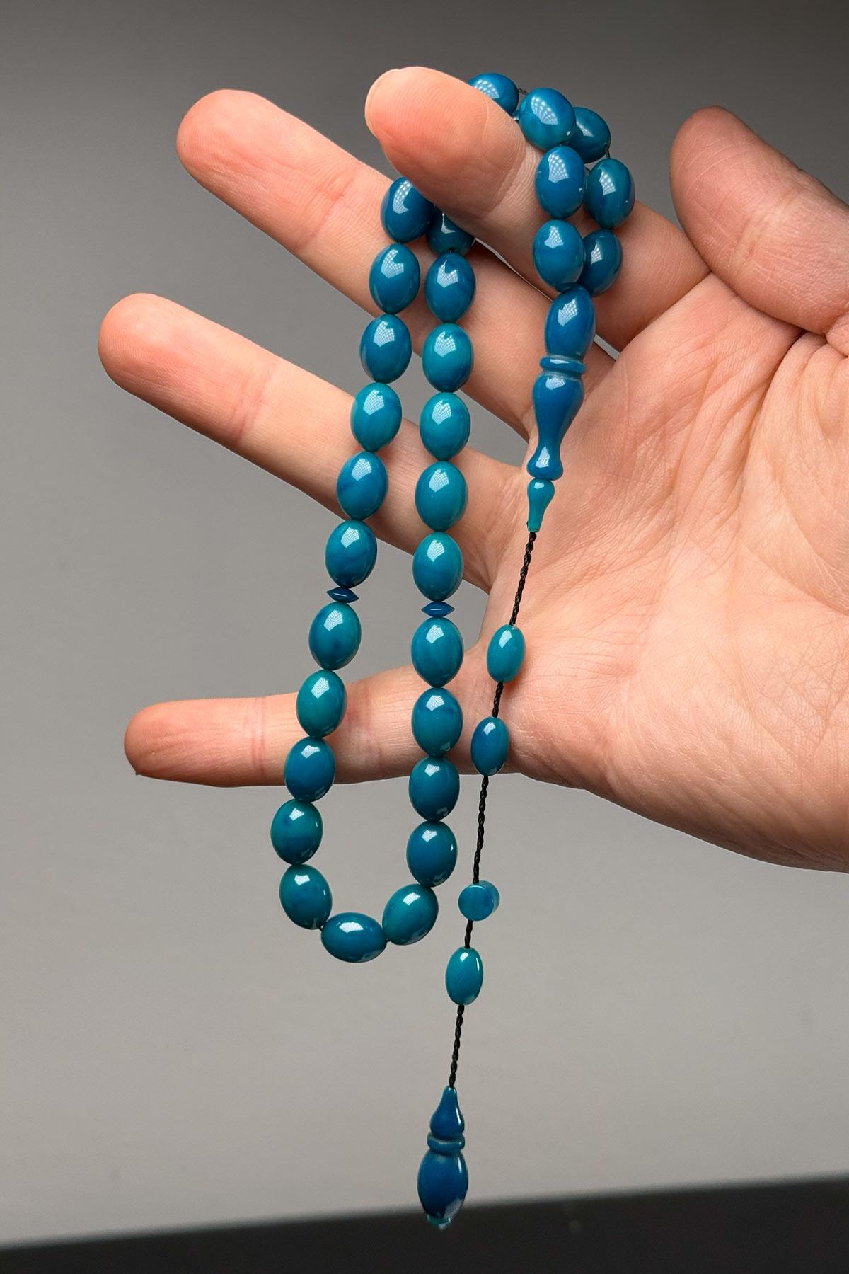 Usta İşçilik Mavi Renk İpeksi Çekim Sıkma Kehribar Tesbih