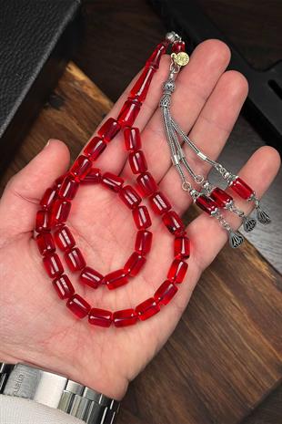 3 Dallı 925 Ayar Gümüş Püsküllü Kırmızı Ateş Kehribar Tesbih