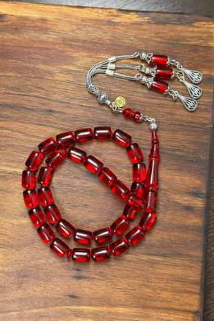 3 Dallı 925 Ayar Gümüş Püsküllü Kırmızı Ateş Kehribar Tesbih