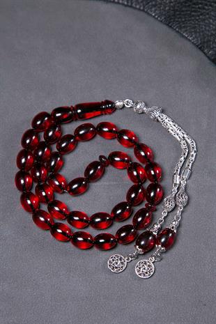 925 Ayar Gümüş Püsküllü Vişne Çürüğü Ateş Kehribar Tesbih