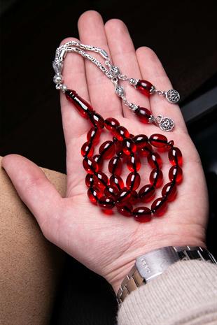 925 Ayar Gümüş Püsküllü Vişne Çürüğü Ateş Kehribar Tesbih