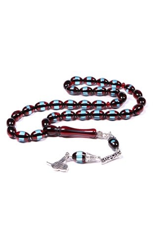 Bordo Mavi Sürmeli Toz Kehribar Tesbih 12x8 mm | TesbihKenti