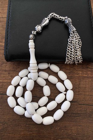 Gümüş Kaplama Püsküllü Kapsül Tane Corian Mermer Tesbih