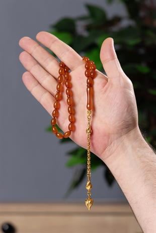 Kahverengi Sarı Altın Renk Püsküllü Zar Kehribar Tesbih