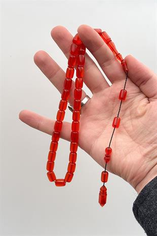 Kapsül Nar Çiçeği Rengi İle Usta İşi Zar Kehribar Tesbih