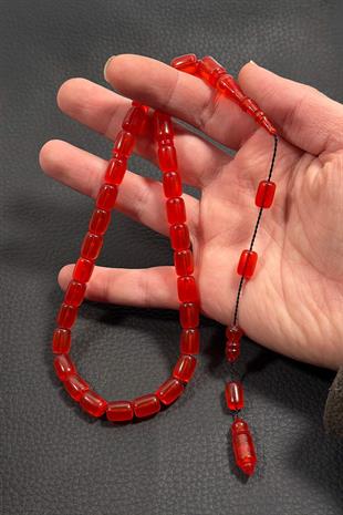 Kapsül Nar Çiçeği Rengi İle Usta İşi Zar Kehribar Tesbih