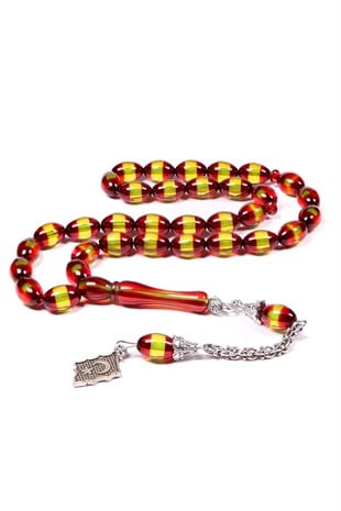 Sarı Kırmızı Sürmeli Toz Kehribar Tesbih 12x8 mm | TesbihKenti