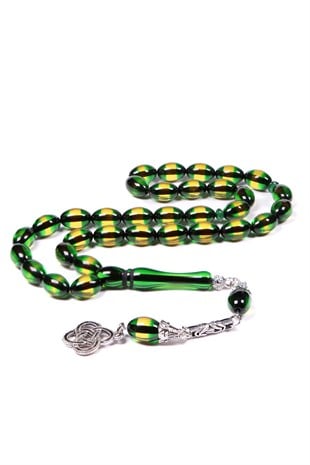 Yeşil Sürmeli Toz Kehribar Tesbih 12x8 mm | TesbihKenti
