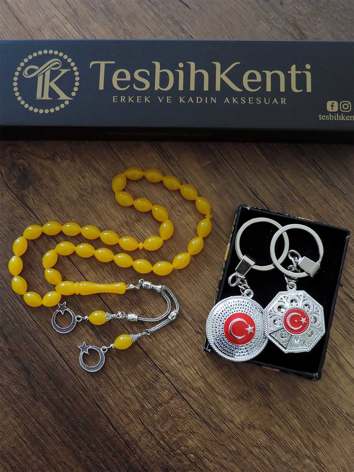 3 Lü Set - Toz Kehribar Tesbih ve 2 Li Anahtarlık