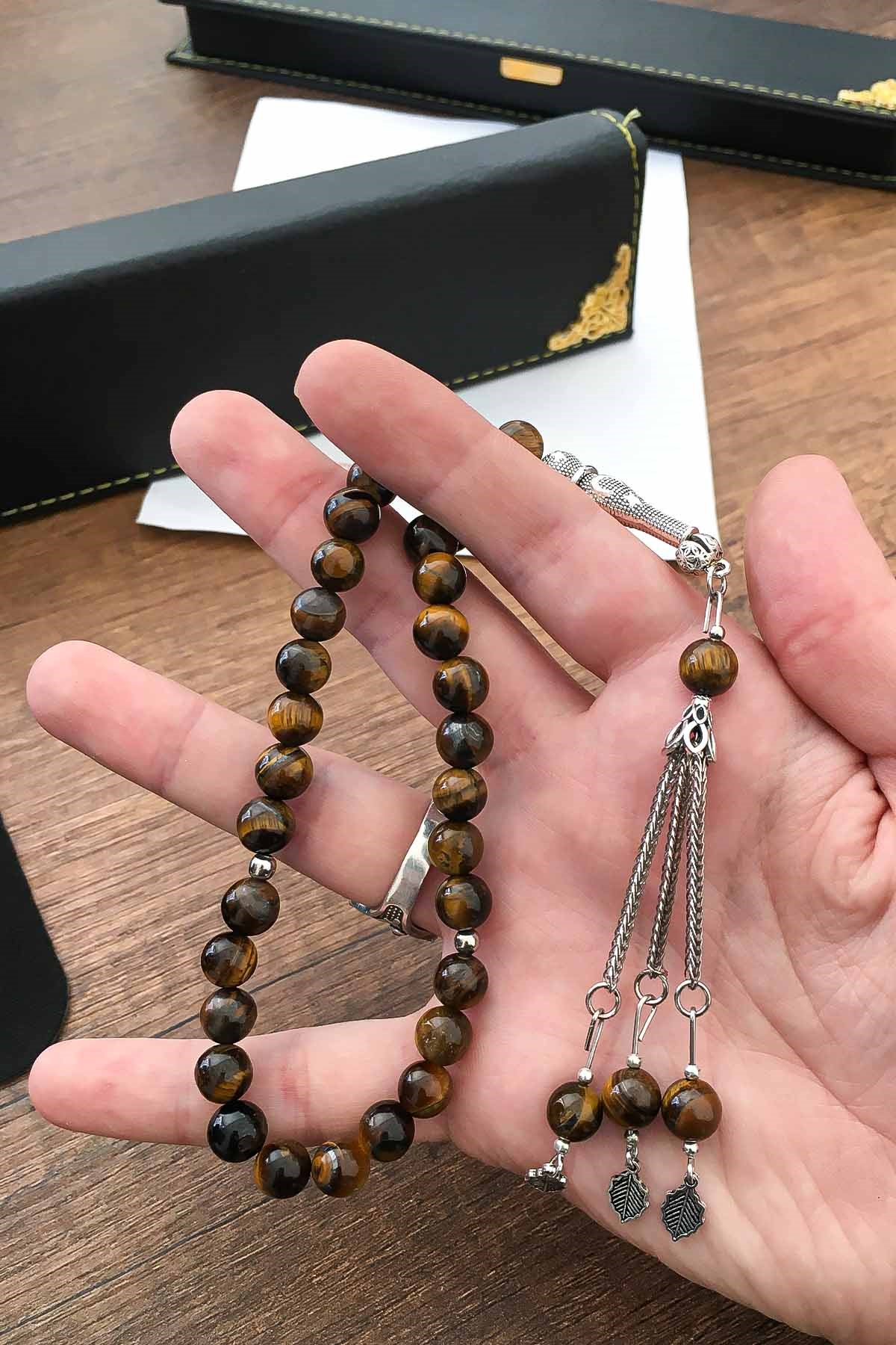 Ahşap Deri Kaplama Kutuda Kaplan Gözü Doğal Taş Tesbih