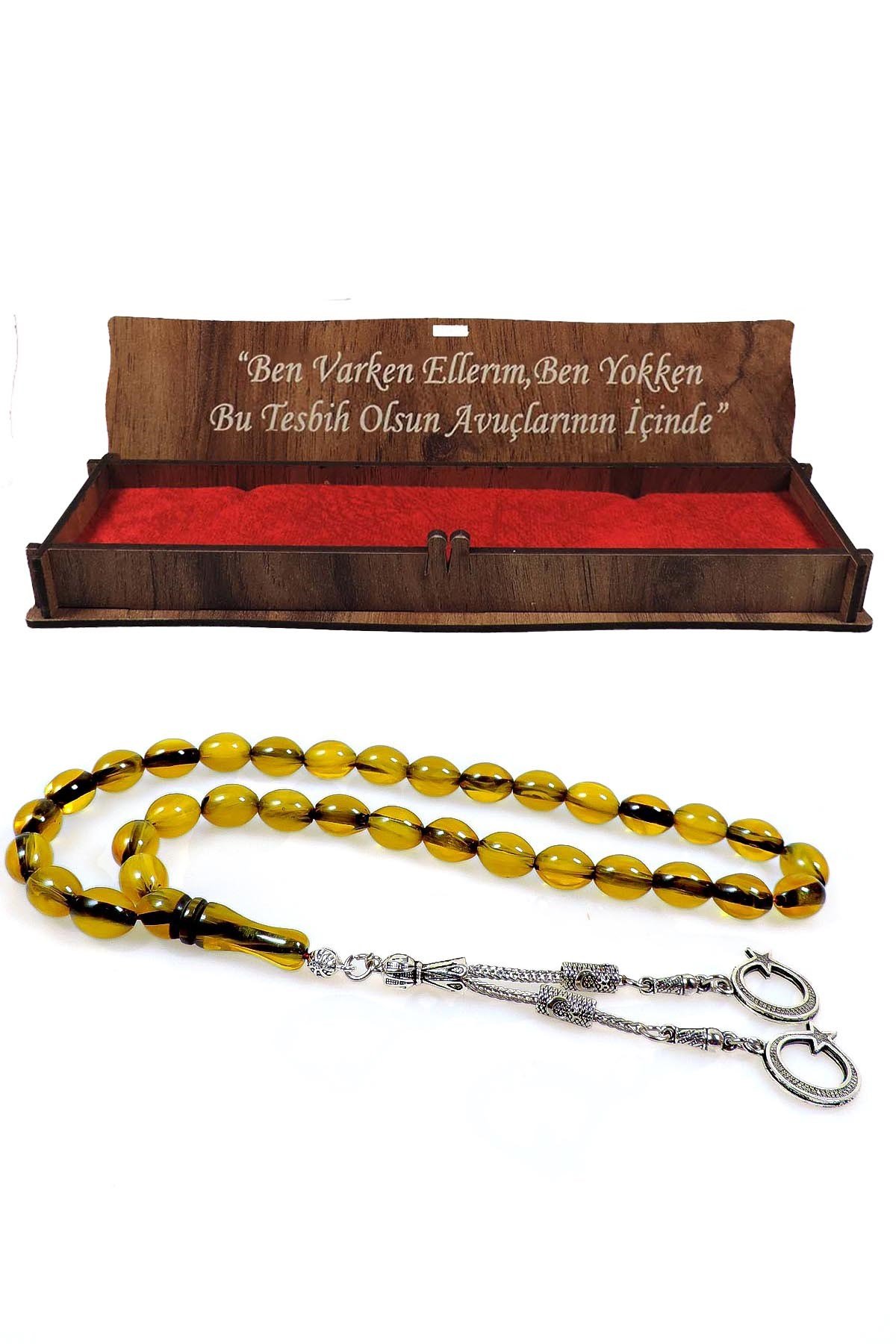 Ahşap Kutuda Sevgiliye Özel Yazılı Toz Kehribar Tesbih