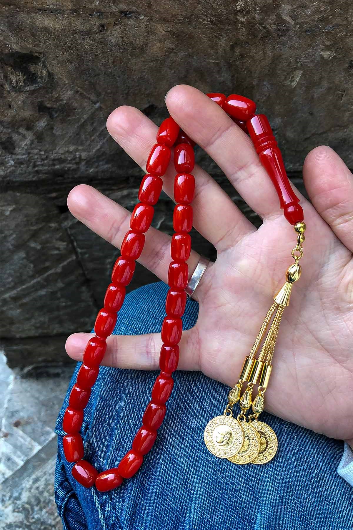 Bordo Renk İri Taneli Kesme Tane Sıkma Kehribar Tesbih