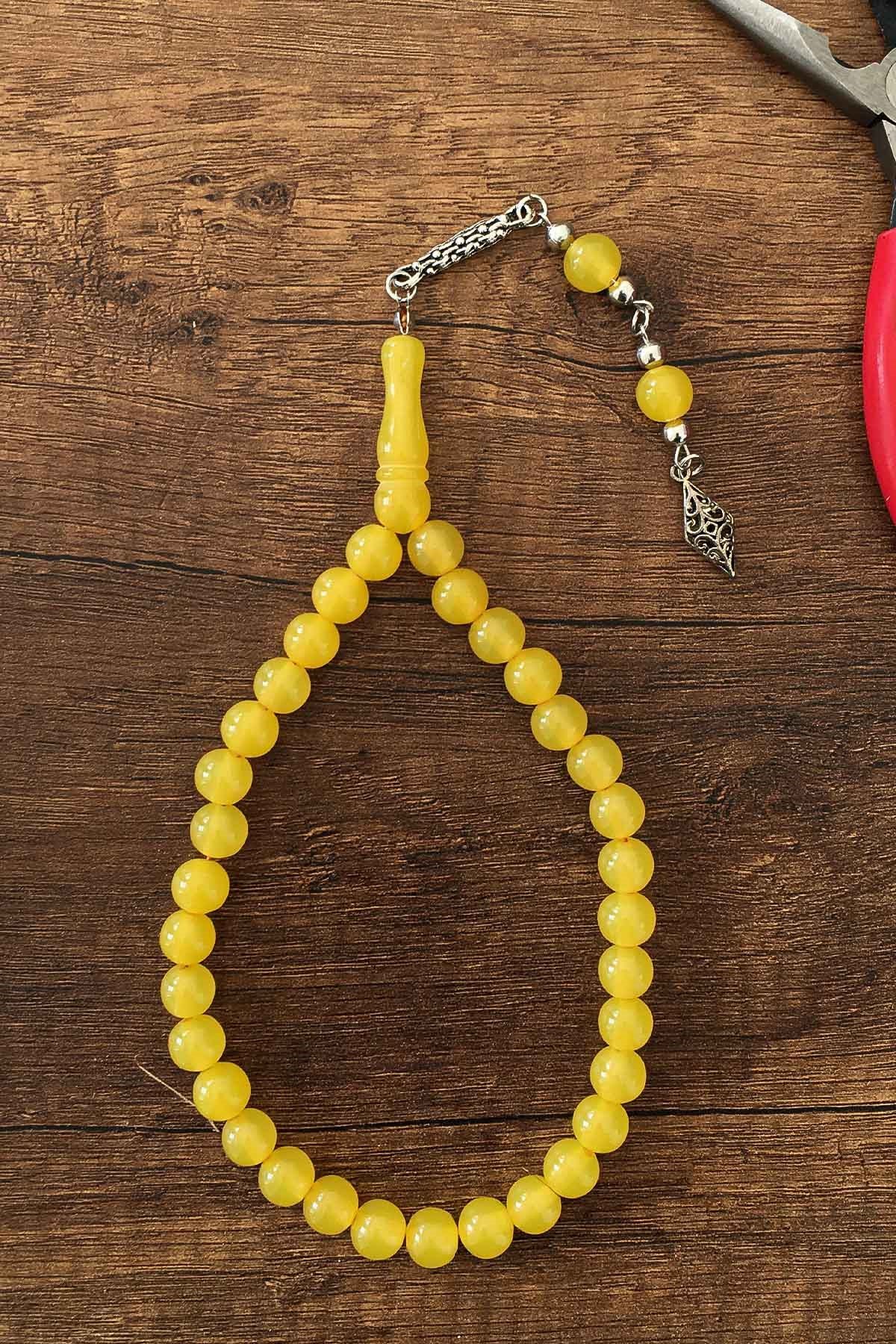 Buğulu Sarı Renk Küre Tane Tek Dal Püsküllü Toz Kehribar Tesbih