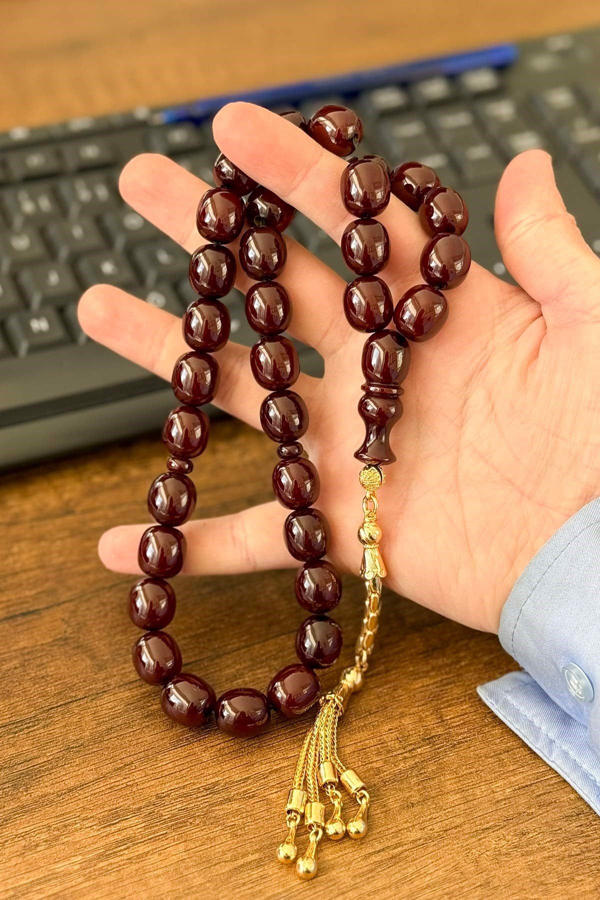 Büyük Boy Gold Püsküllü Sıkma Kehribar Tesbih | Tesbih Kenti