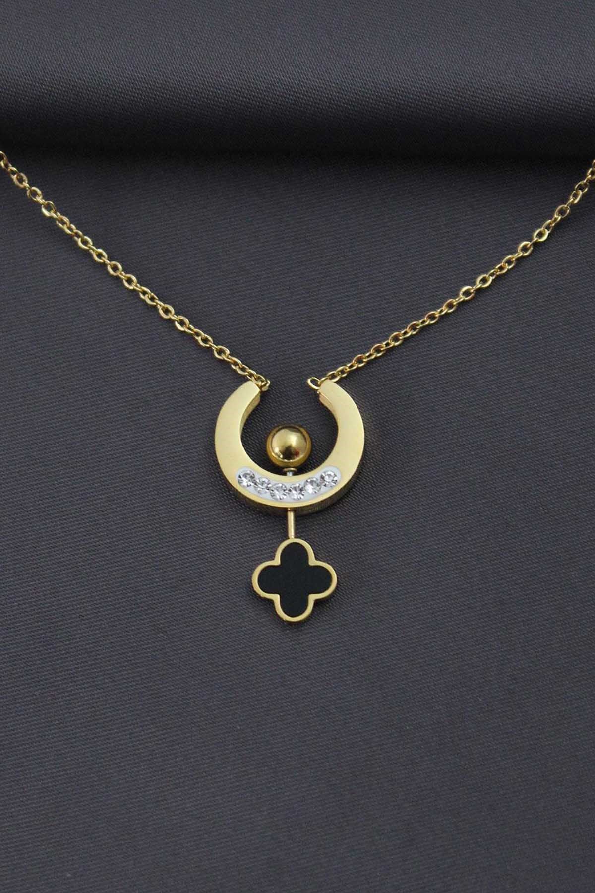 Çelik Altın Renk Zirkon Taşlı Mineli Yonca Tasarımlı Kadın Kolye