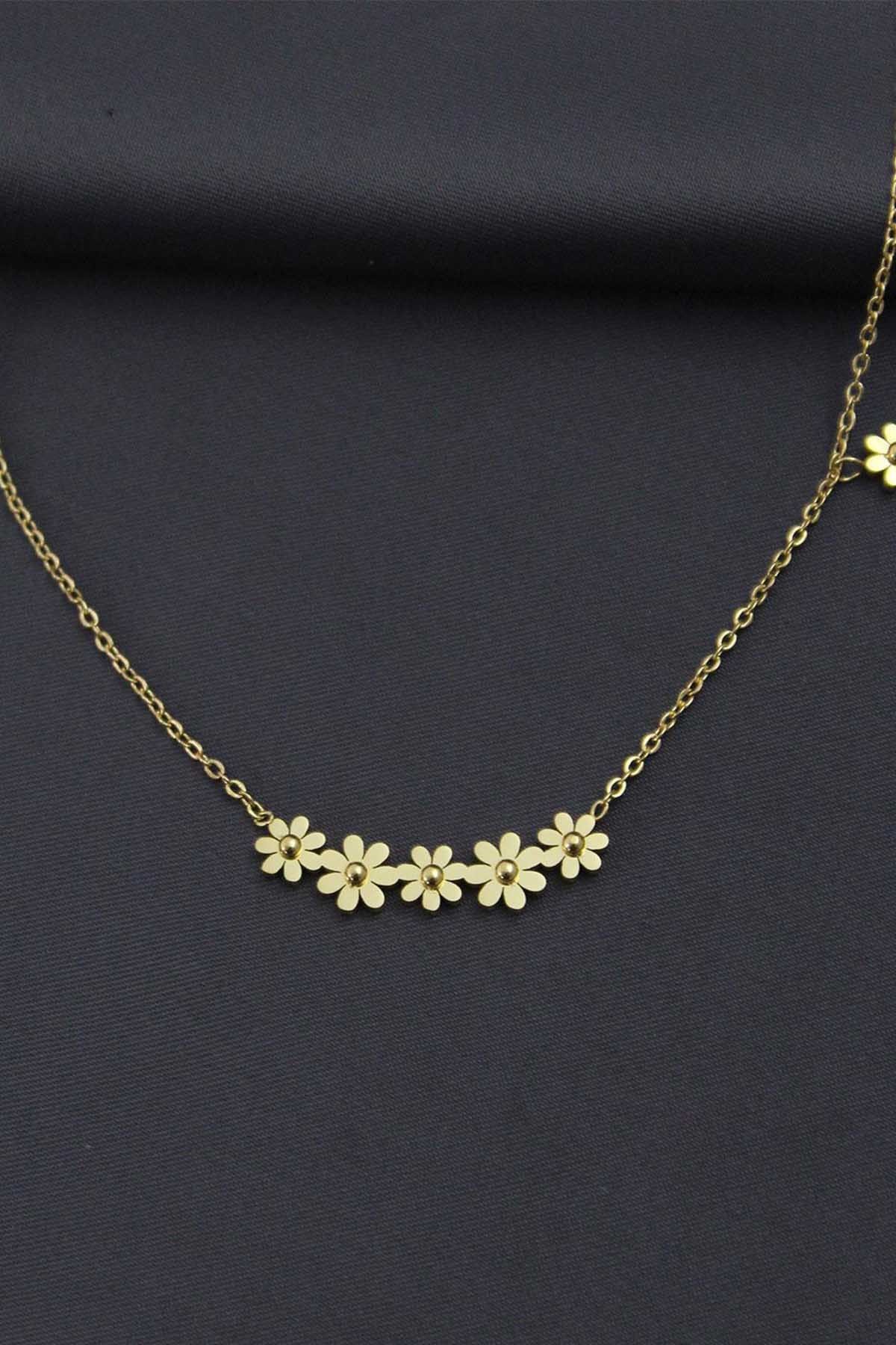 Çelik Sarı Gold Renk Minimal Sıralı Papatya Tasarımlı Kadın Kolye