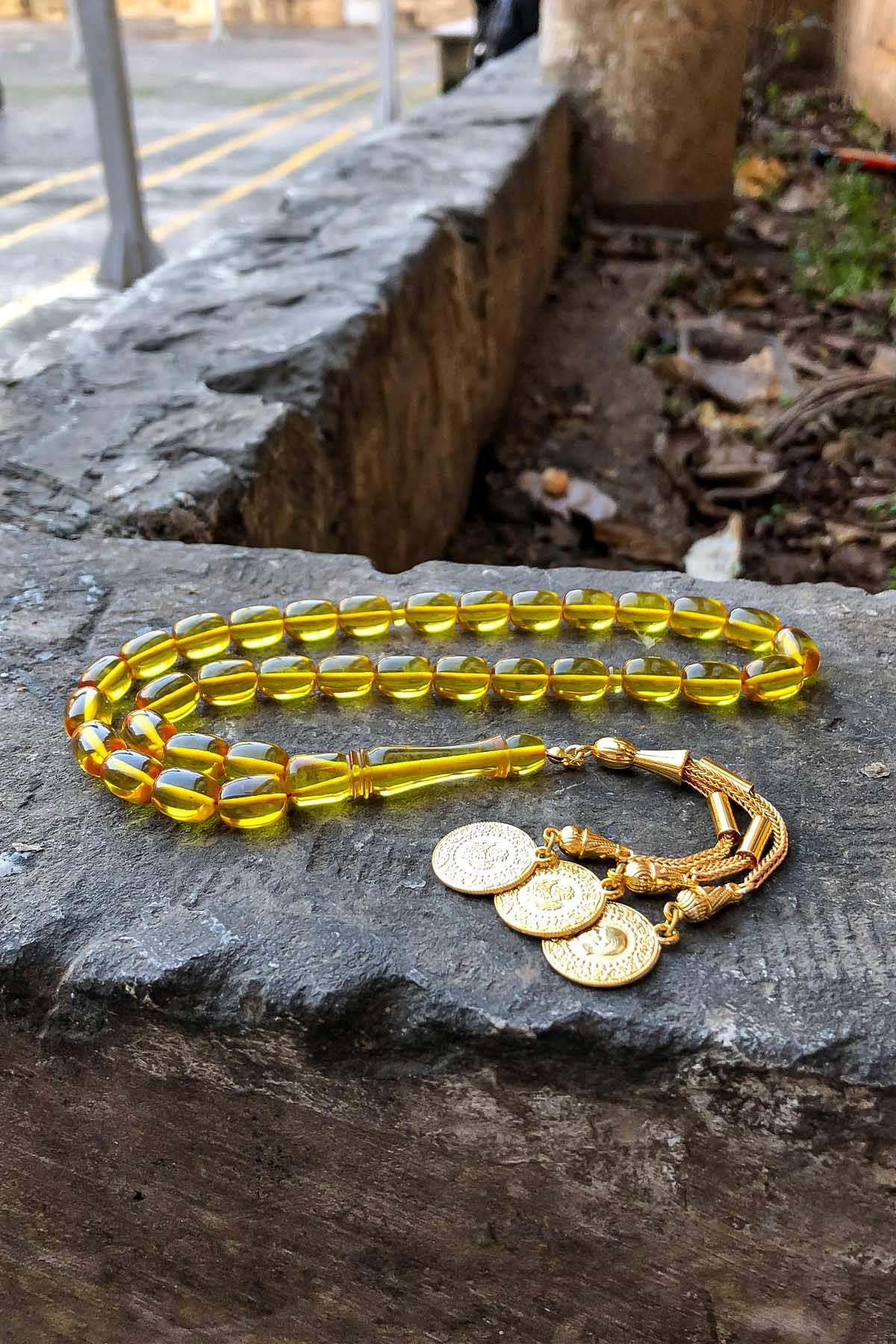 Gold Sarı ve Püsküllü Güzel Çekimli Ateş Kehribar Tesbih