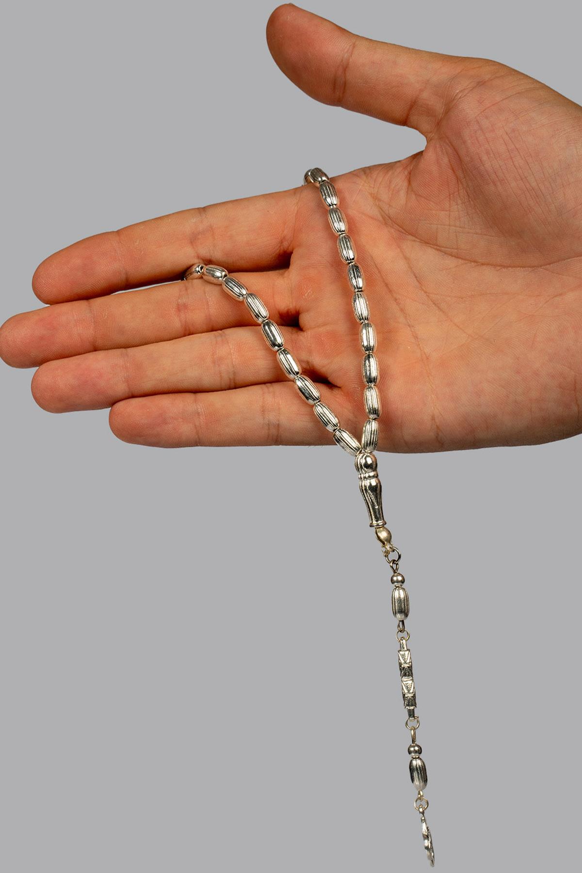 Gümüş Görünümlü Kapsül Çizgili Metal Tesbih