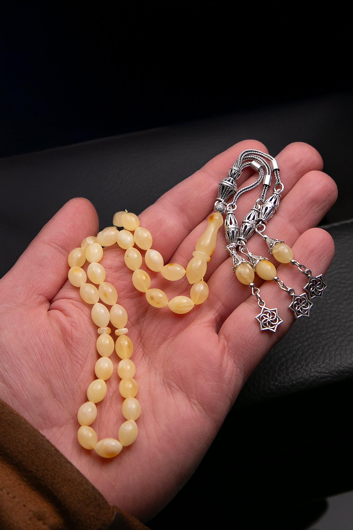 Gümüş Püsküllü Arpa Tane Damla Kehribar Tesbih