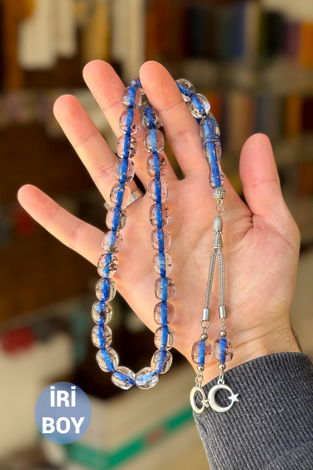 İri Boy Sevenlere Özel Mavi Çay Fosilli Toz Kehribar Tesbih