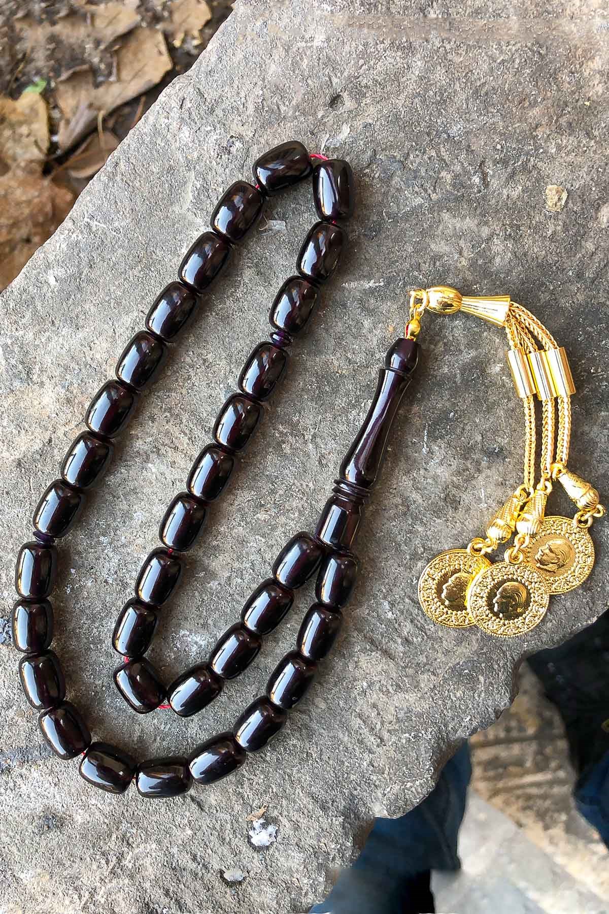 Kapalı Renk Gold Sarı Püsküllü Güzel Çekimli Ateş Kehribar Tesbih