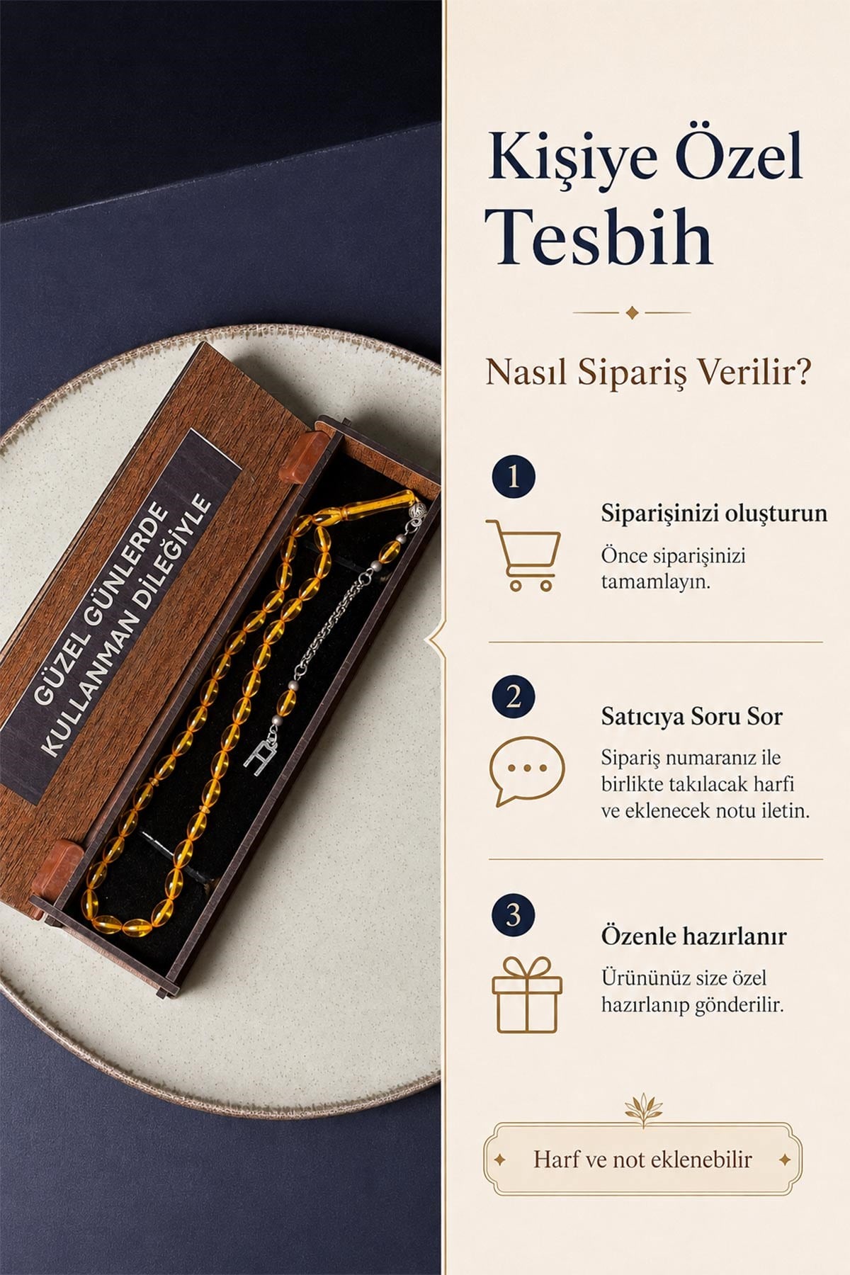 Kişiye Özel Şeffaf Sarı Tesbih Ahşap Kutulu | TesbihKenti