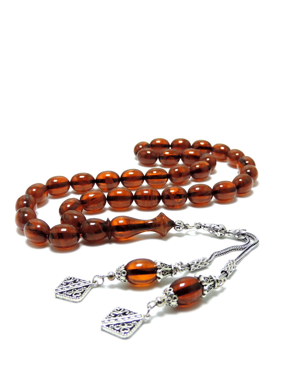 Koyu Bal Rengi Sıkma Kehribar 925 Ayar Gümüş Püskül